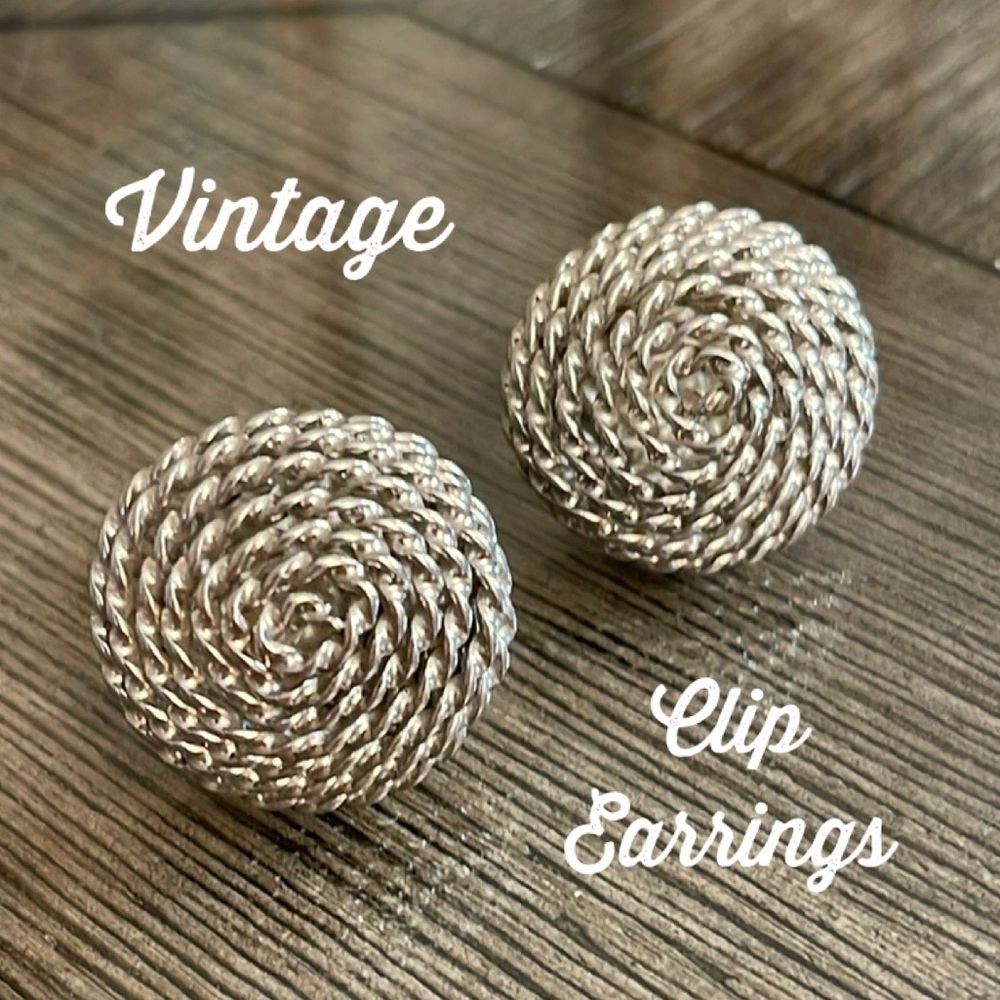 Vintage Spiral Silver-tone Button Clip Earrings